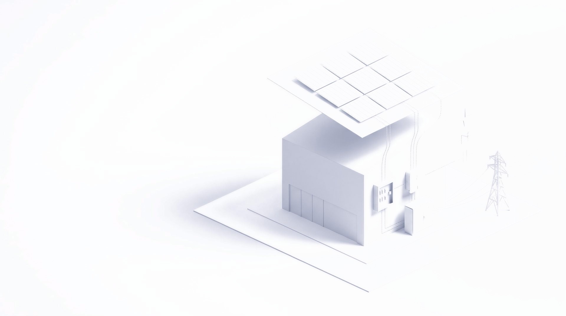 Paper-craft illustration of a solar system design: exploded roof array, cable runs, inverter, battery and grid connection