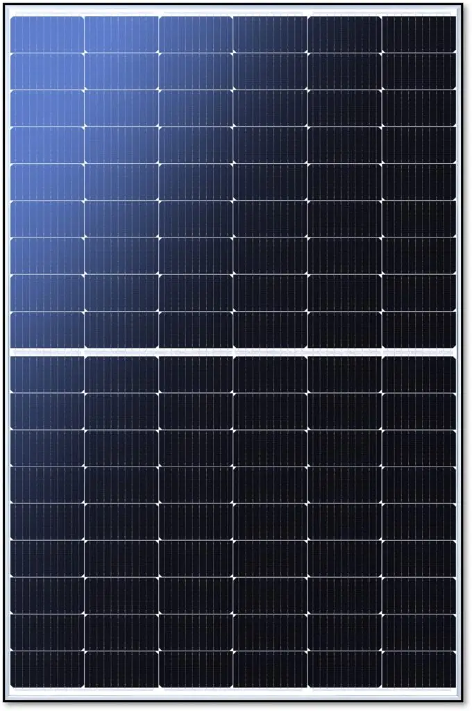 A close-up view of a black solar panel with a grid of numerous square photovoltaic cells. The surface has a slight reflective sheen on the top left corner, suggesting it is catching some light. The panel is bordered by a metal frame.