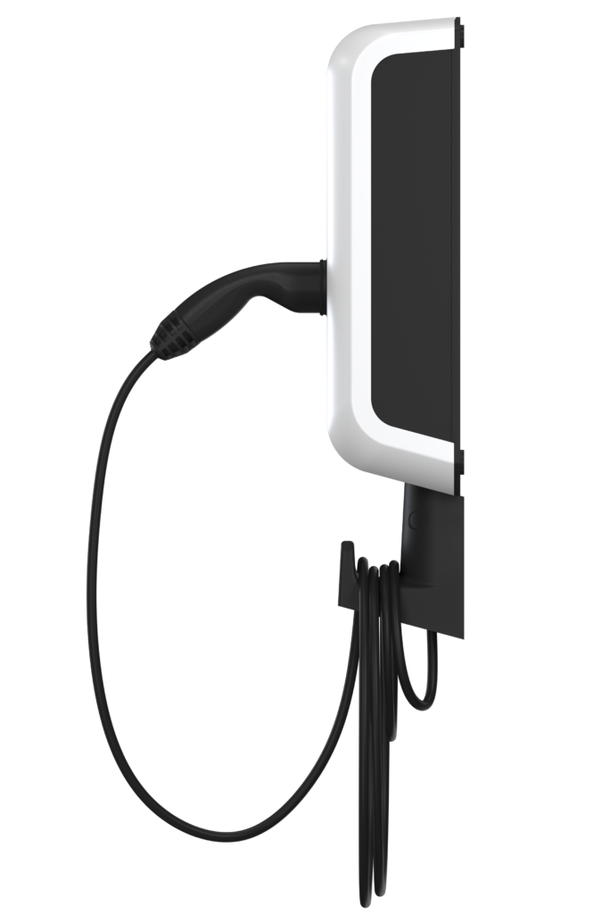 Side view of an electric vehicle charging station with a sleek black and white design. The charging cable is attached to the station and neatly coiled at the bottom. The station is shown against a plain black background.
